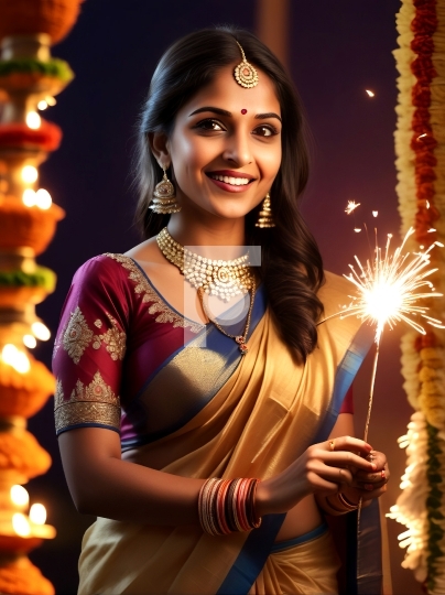 Beautiful Indian Girl in Saree Celebrating Diwali - AI Generated