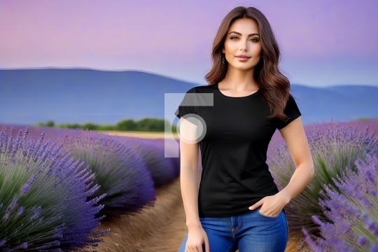 Beautiful Woman Black Tshirt in Lavender Farm - AI Generated Ima