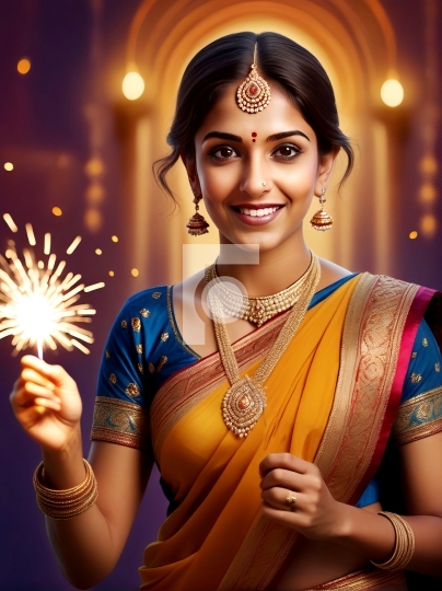 Diwali Celebrations Happy young Indian girl in saree - AI Genera