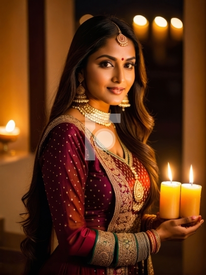 Free Beautiful Indian girl celebrating Diwali with Candles - AI 