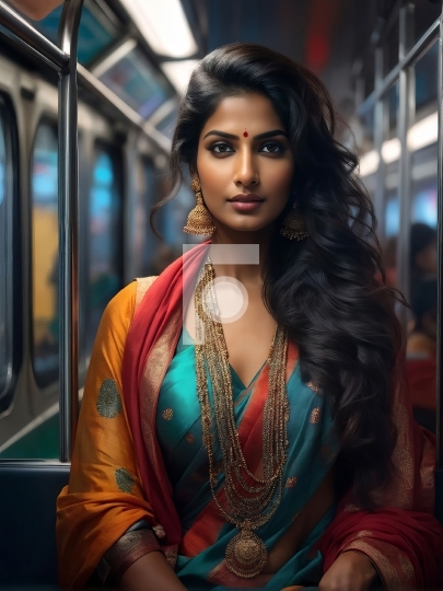 Free Photo Beautiful Indian Woman in Saree in Metro Train - ai g