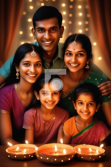 Free Photo Indian Family Celebrating Festival Diwali Lights - AI