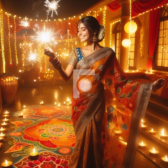 Happy young Indian girl celebrating Diwali - AI Generated Image