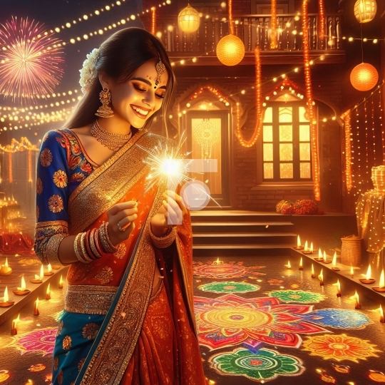 Happy young Indian woman celebrating Diwali - AI Generated Image