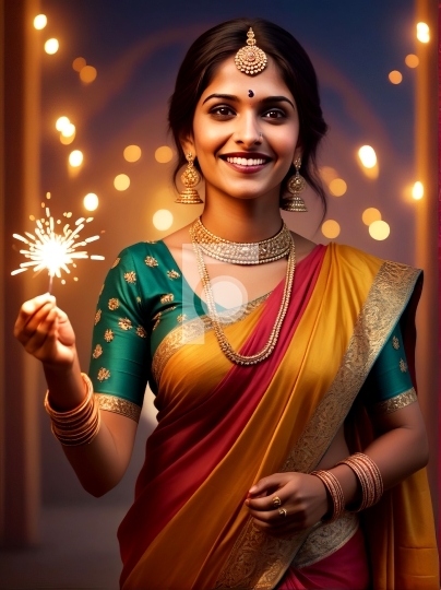 Happy young Indian woman celebrating Diwali - AI Generated Image